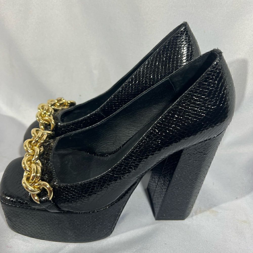 JEFFREY CAMPBELL CASEY CHAIN PLATFORM HEELS IN BLACK SNAKE SIZE 8